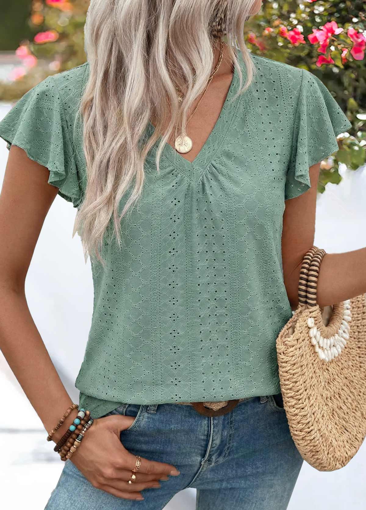 Sage Green Shirred Short Sleeve V Neck T Shirt | picture 