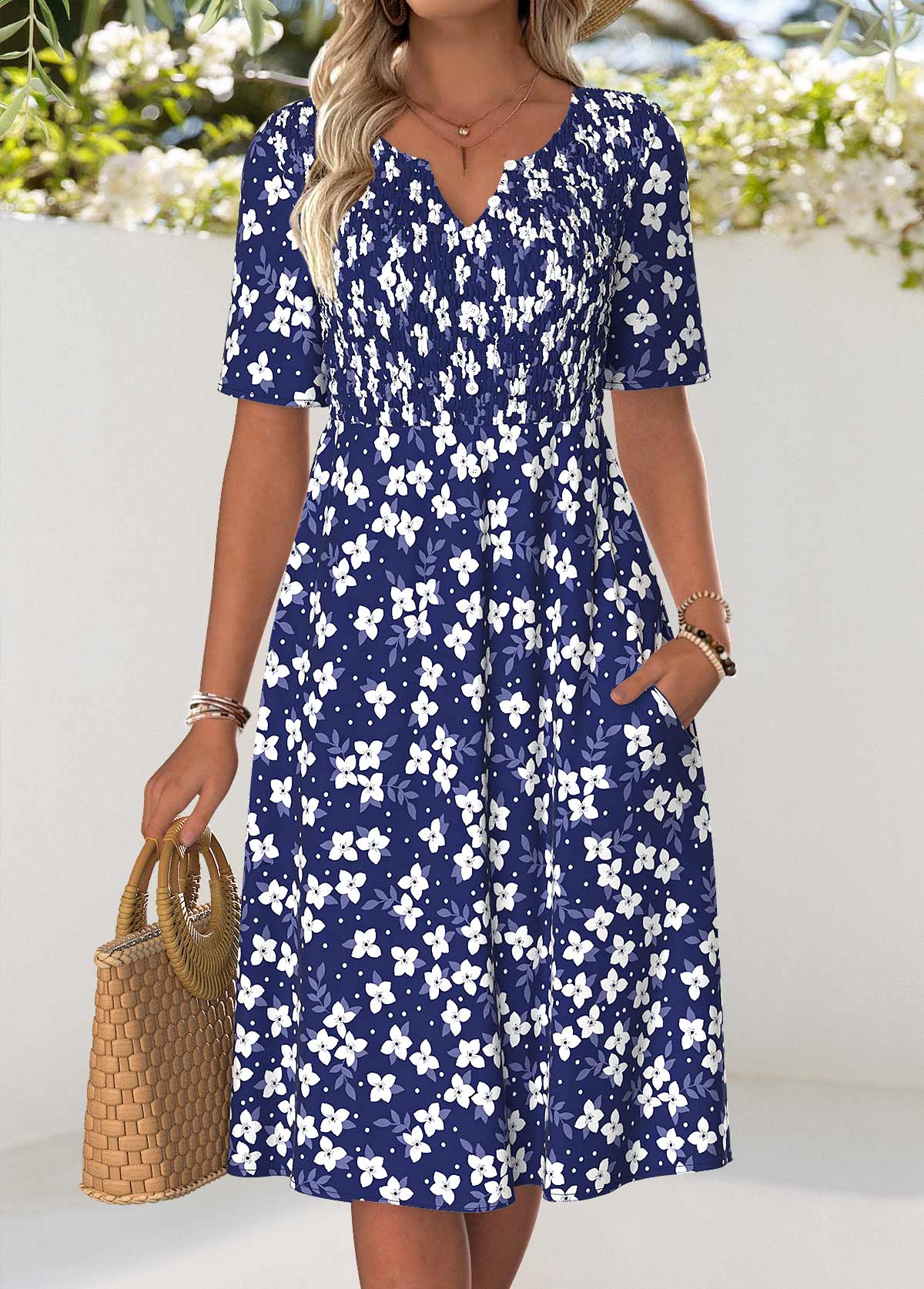 Navy Floral Print Smocked Short Sleeve Split Neck Dress | picture 