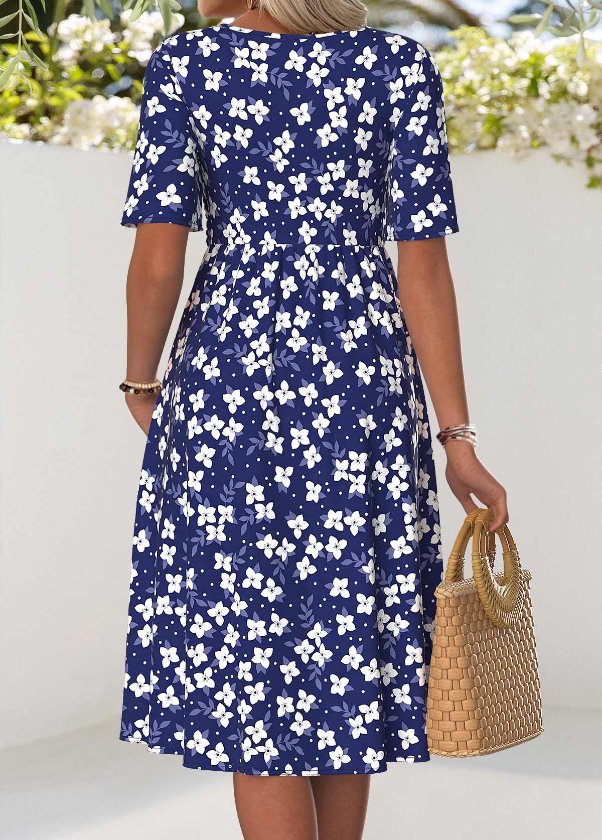 Navy Floral Print Smocked Short Sleeve Split Neck Dress | picture 