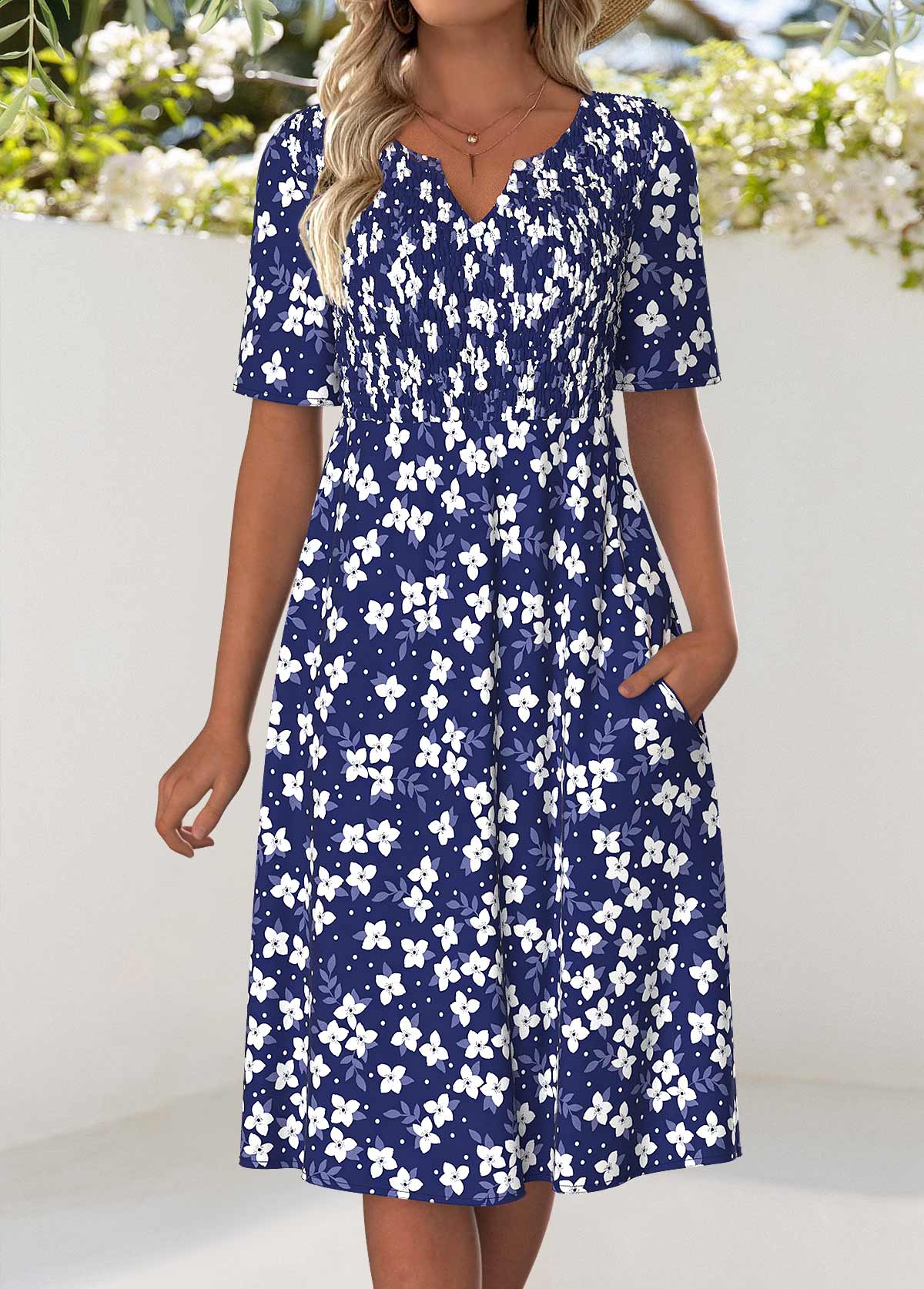Navy Floral Print Smocked Short Sleeve Split Neck Dress | picture 