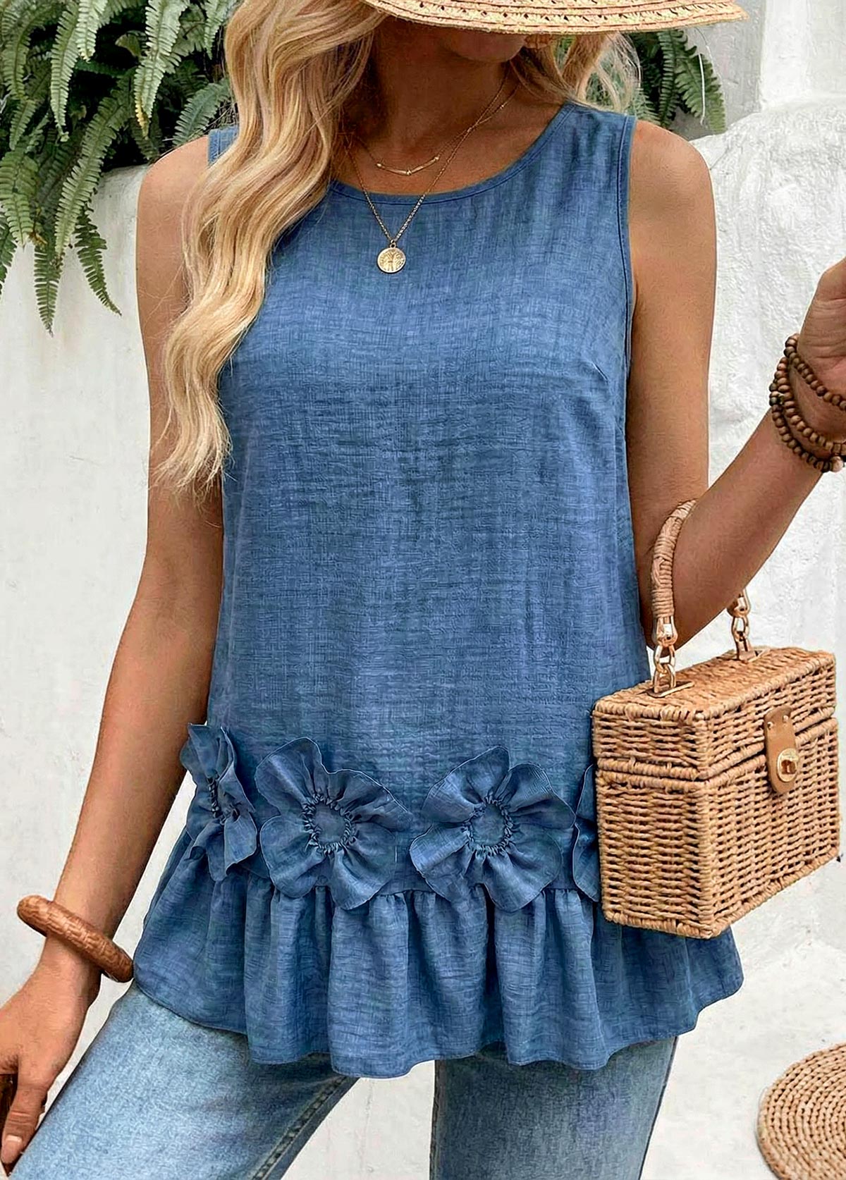 Denim Blue Patchwork Sleeveless Round Neck Tank Top | picture 