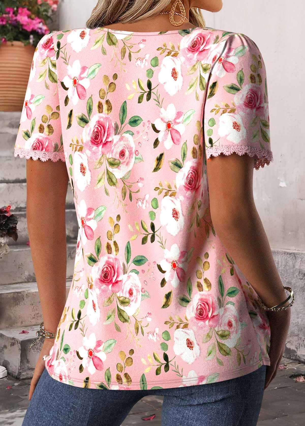 Light Pink Floral Print Pleated Short Sleeve T Shirt | picture 
