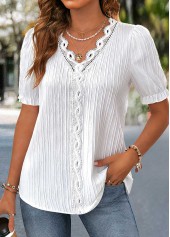 White Lace Short Sleeve V Neck Blouse