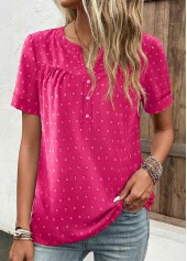 Hot Pink Button Short Sleeve Split Neck Blouse