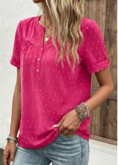 Hot Pink Button Short Sleeve Split Neck Blouse | thumb picture 