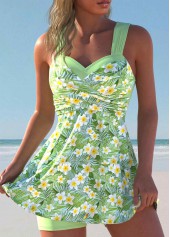 Surplice Mid Waisted Floral Print Light Green Tankini Set