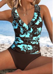 Mid Waisted Floral Print Dark Coffee Tankini Set