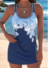 Mid Waisted Tribal Print Dark Blue Tankini Set