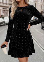 Black Tummy Coverage Short Long Sleeve Boat Neck Dress