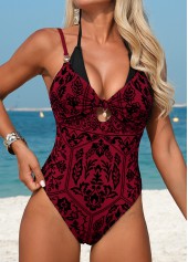Deep Red Tummy Coverage Tribal Print One Piece Swimwear | thumb picture 