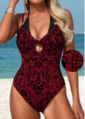 Deep Red Tummy Coverage Tribal Print One Piece Swimwear