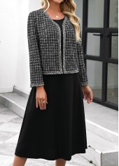 Black Tummy Coverage Plaid Long Sleeve Dress and Cardigan
