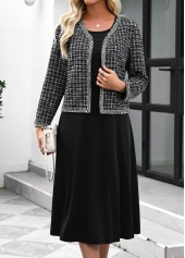Black Tummy Coverage Plaid Long Sleeve Dress and Cardigan | thumb picture 