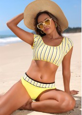 Yellow Mid Waisted Patchwork Striped Bikini Set | thumb picture 