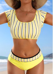 Yellow Mid Waisted Patchwork Striped Bikini Set