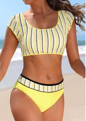 Yellow Mid Waisted Patchwork Striped Bikini Set | thumb picture 