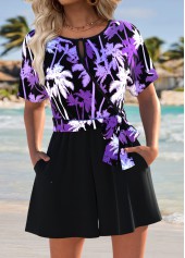 Purple Surplice Tropical Plants Print Short Belted Romper