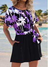 Purple Surplice Tropical Plants Print Short Belted Romper | thumb picture 