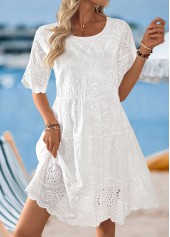 White Scalloped Hem Short Sleeve Round Neck Dress | thumb picture 