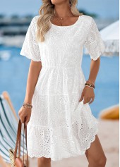 White Scalloped Hem Short Sleeve Round Neck Dress