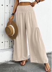 Beige Flowy Wide Leg Elastic Waist High Waisted Pants