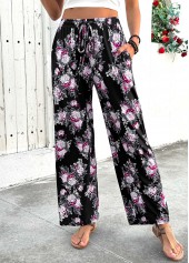 Black Floral Print Wide Leg Elastic Waist Pants
