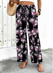 Black Floral Print Wide Leg Elastic Waist Pants | thumb picture 