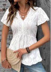 White Patchwork Short Sleeve V Neck Blouse | thumb picture 