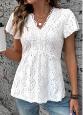 White Patchwork Short Sleeve V Neck Blouse