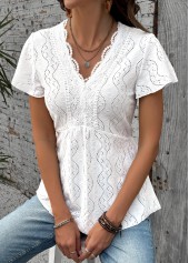 White Patchwork Short Sleeve V Neck Blouse | thumb picture 