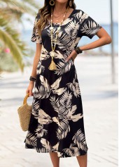 Black Tropical Plants Print Short Sleeve Round Neck Dress
