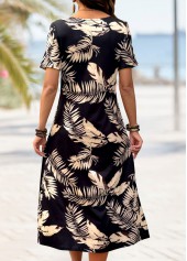 Black Tropical Plants Print Short Sleeve Round Neck Dress | thumb picture 
