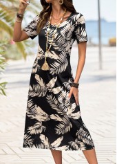 Black Tropical Plants Print Short Sleeve Round Neck Dress | thumb picture 