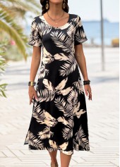 Black Tropical Plants Print Short Sleeve Round Neck Dress | thumb picture 