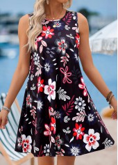 Black Floral Print Short Tummy Coverage Sleeveless Dress | thumb picture 