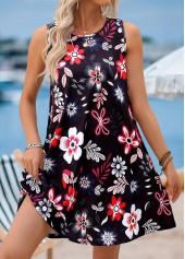 Black Floral Print Short Tummy Coverage Sleeveless Dress