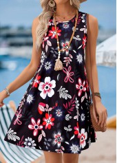 Black Floral Print Short Tummy Coverage Sleeveless Dress | thumb picture 