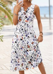 White Floral Print Double Side Pockets A Line Dress