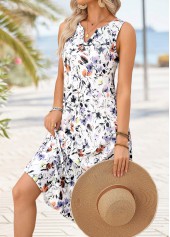 White Floral Print Double Side Pockets A Line Dress | thumb picture 