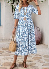 Blue Floral Print Shirred A Line Sleeveless Dress | thumb picture 