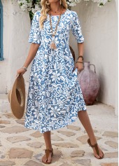 Blue Floral Print Shirred A Line Sleeveless Dress
