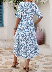 Blue Floral Print Shirred A Line Sleeveless Dress | thumb picture 