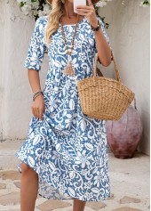 Blue Floral Print Shirred A Line Sleeveless Dress | thumb picture 