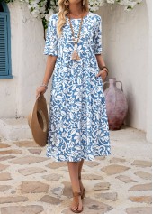 Blue Floral Print Shirred A Line Sleeveless Dress | thumb picture 