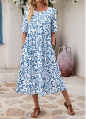 Blue Floral Print Shirred A Line Sleeveless Dress | thumb picture 