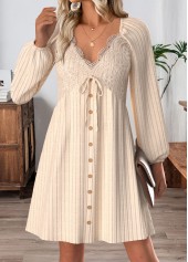 Beige Tummy Coverage Short Long Sleeve V Neck Dress