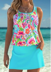 Tummy Coverage Mid Waisted Tribal Print Cyan Tankini Set