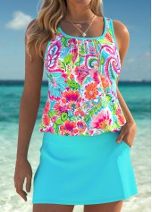 Tummy Coverage Mid Waisted Tribal Print Cyan Tankini Set | thumb picture 