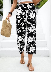 Black Soft Floral Print Wide Leg Elastic Waist Pants | thumb picture 