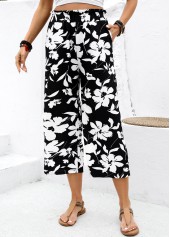 Black Soft Floral Print Wide Leg Elastic Waist Pants